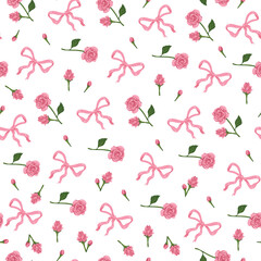 Coquette Pink Bows and Roses - Seamless Vector Pattern Design