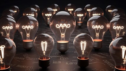 One of Lightbulb glowing among shutdown light bulb in dark area with copy space for creative thinking , problem solving solution and outstanding concept by 3d rendering technique