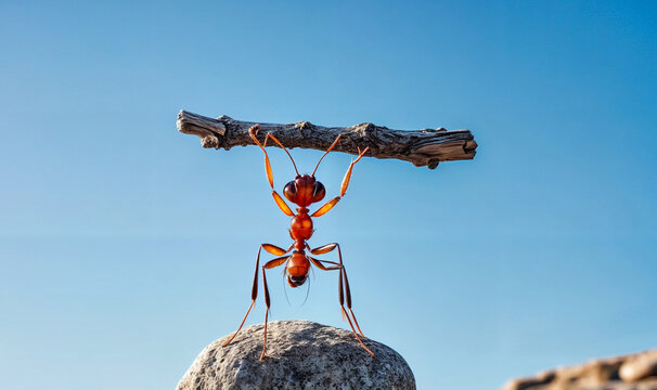 3d illustration render of an ant balances on a rock, holding a branch over its head