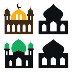 Set of Islamic ornament icons with mosque black vector on white background