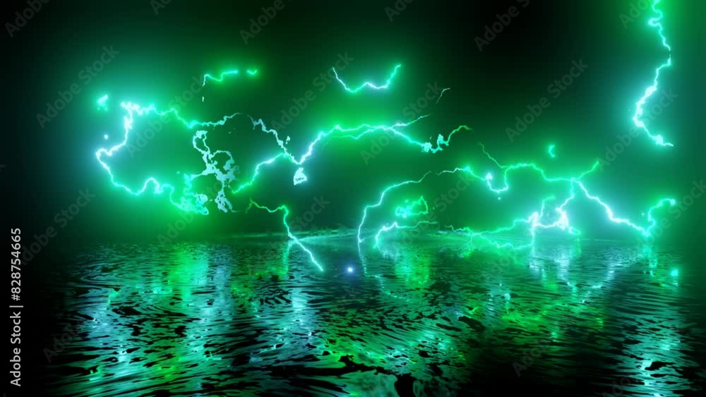 Poster neon design of wall pattern of green neon lightning4k video with various neon elements and a reflect