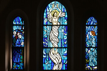 Transfiguration of Christ, stained glass window in the parish church of St. Martin in Dugo Selo,...