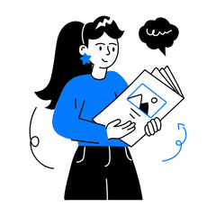Trendy doodle mini illustration of girl reading book 