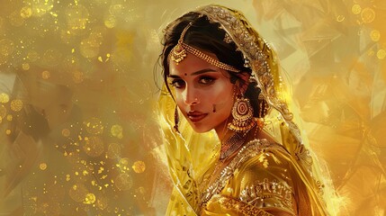 indian film star in traditional attire with gold accessories digital painting illustration