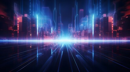 Fototapeta premium Futuristic cityscape background with glowing blue lines. High-tech skyscrapers. Generative AI.