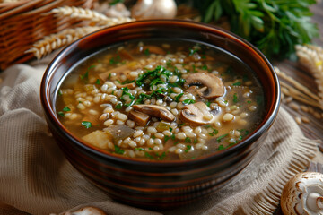 krupnik soup with barley and mushrooms on table, selective focus