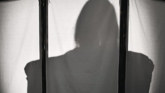 Silhouette of a sexy beautiful woman undressing against the background of a white screen. Adult entertainment concept