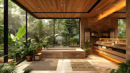 Brown shade in contemporary bathroom of a villa hotel by lush jungle