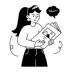 Trendy doodle mini illustration of girl reading book 