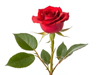 Single Red Rose With Green Leaves on White Background isolated
