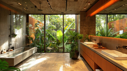 Fototapeta premium Brown shade in contemporary bathroom of a villa hotel by lush jungle