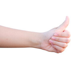 Female traveler hitchhiker gesture to stop a car with thumbs up hand sign.