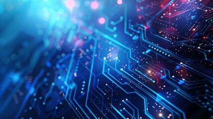 Obraz premium Computer Circuit Board Illuminated by Blue and Red Lights