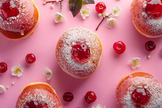 pontshkes jelly doughnuts on table, top view
