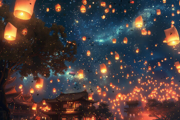 Obraz premium A sky full of lanterns with a house in the background
