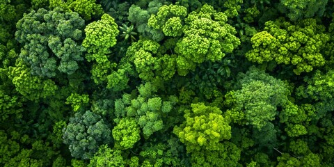 Fototapeta premium A lush carpet of various shades of green treetops as seen from above, highlighting the dense texture of a forest