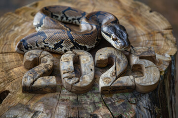 Fototapeta premium A snake is laying on a log with the numbers 2025 written in the shape of a snake