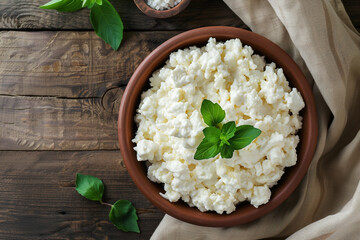 fresh curd cheese on table, top view