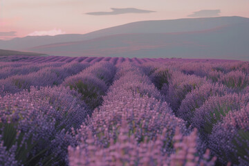 A field of lavender flowers with a beautiful purple sky in the background