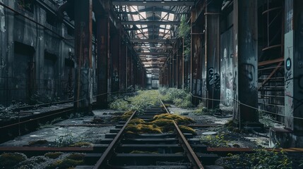 a train track in a run down building with graffiti on it's walls and a skylight above..