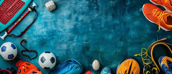 A flat lay of various athletic equipment and sports gear on a blue surface, including balls, rackets, shoes, and more.