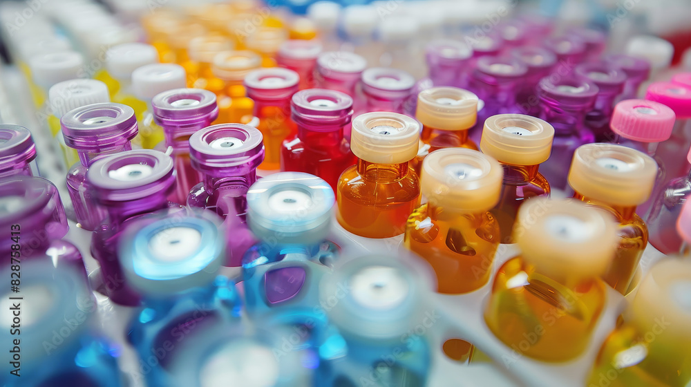 Poster a row of colorful bottles with different colored caps