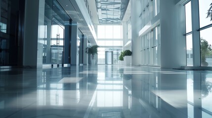 a large hallway with a plant in the middle of it