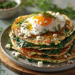 spinach and mushroom pancakes topped with poached eggs, sprinkled with herbs and spices, garnished with chop chives and dill