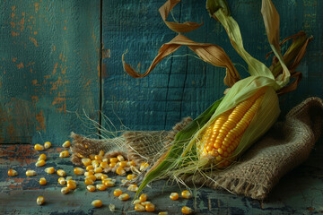 A bunch of corn is on a table with a blue background - Powered by Adobe