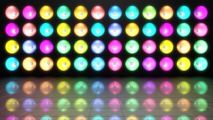 Helle bunte Scheinwerfer beleuchten eine Tanzfläche oder Bühne