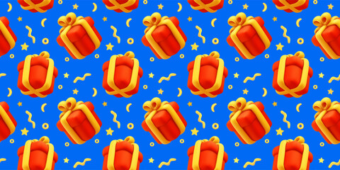 Vector seamless pattern of realistic red color gift box with yellow ribbon on blue background. 3d style holiday seamless pattern design of cartoon clay present box. Festive gift surprise