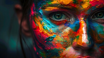 Close-up of a face covered in vibrant multicolored paint. The striking colors create a powerful visual impact.