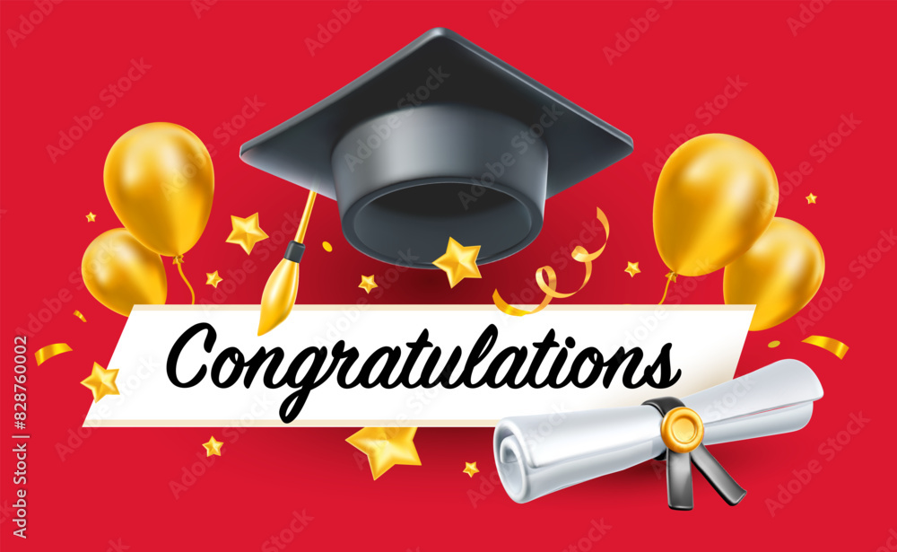 Wall mural Vector illustration of black graduate cap and diploma scroll on red background. 3d style design of congratulation graduates 2024 class with graduation hat and golden air balloon. Congratulations word - Wall murals