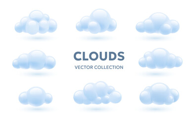 Vector set of weather illustration of shine cute white cloud on white color background. 3d cartoon style design of collection of different fluffy cloud