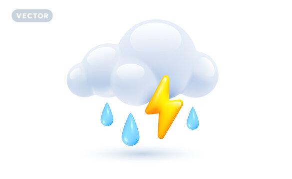 Vector weather rainy storm day illustration of shine yellow color lightning with fluffy cloud and rain drop on white background with shadow. 3d cartoon style design of thunderstorm cloud