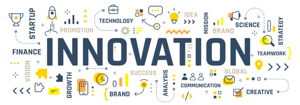 Vector creative illustration of innovation word typography with line icon, word cloud on white color background. Innovation business infographic concept. Line art style design
