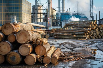 Pile of wood logs outside paper mill waiting to be processed for paper production