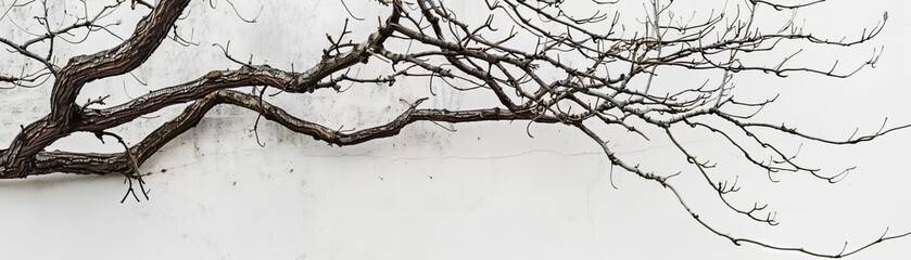 Minimalistic photograph of a bare tree branch on a white background, capturing the essence of winter and simplicity. Perfect for minimalist decor.