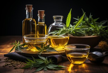 CBD Oil Bottles and Cannabis Leaves on Wooden Table