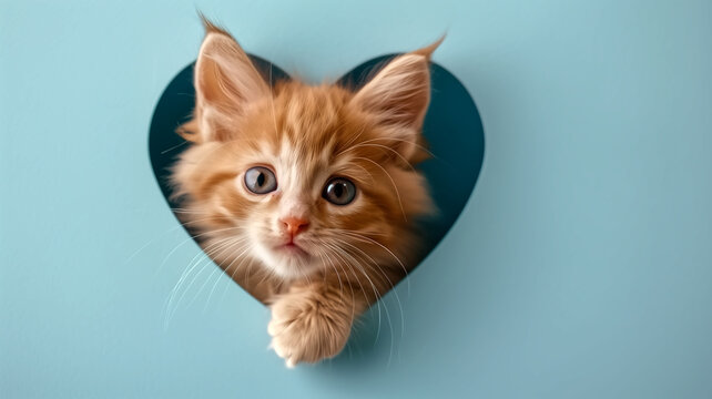 Orange kitten peeking through heart-shaped hole in blue background. Studio pet portrait with copy space. Love and pet adoption concept for design and print.