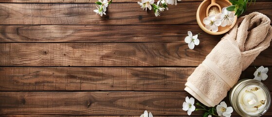 Spa setting with rolled towel, flowers, candle, and wooden bowl on rustic wooden background. Perfect for relaxation and wellness themes. - Powered by Adobe