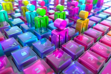Obraz premium Colorful digital figurines on a keyboard, symbolizing social networking and digital communication
