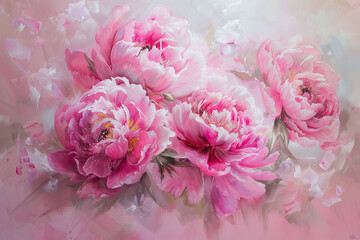 A painting of three pink flowers with a pink background