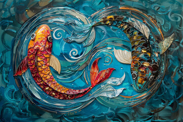 Obraz premium Two fish swimming in a blue ocean with a swirl pattern