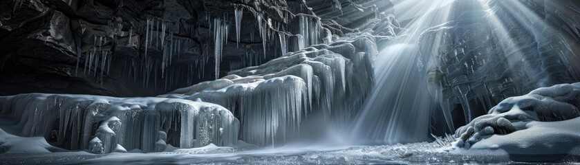 Ice cavern with dramatic icicles and cascading frozen formations illuminated by light beams, creating a stunning winter wonderland scene.