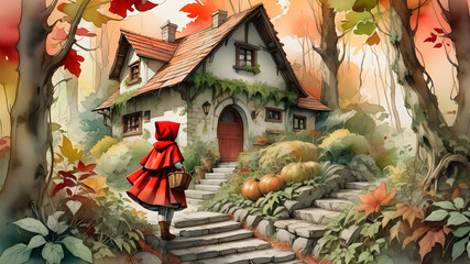 Little Red Riding Hood in the forest with a basket and a wolf