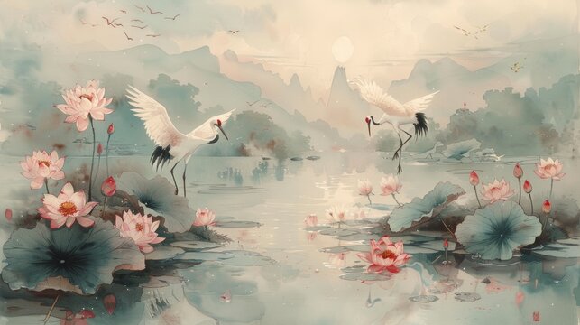 japanese crane and lotus pond, beautiful watercolor art of serene japanese cranes dancing with pink lotus flowers in a peaceful pond, representing peace, harmony, and natures beauty