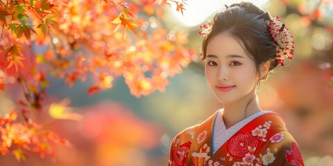 Portrait of a Japanese woman in traditional kimono with autumn leaves in the background
