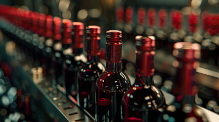 A row of wine bottles with red caps on a conveyor belt - Powered by Adobe