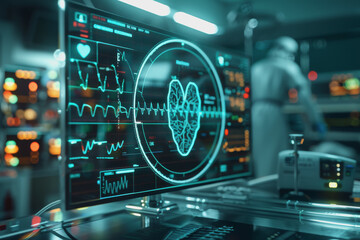 Obraz premium EKG readout of a steady heartbeat full screen on a futuristic round monitor, Abstract background